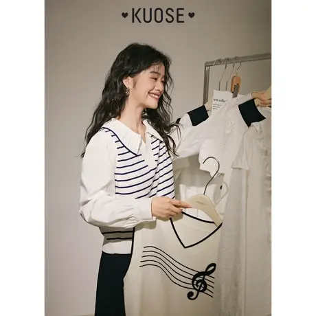 阔色设计感假两件长袖条纹针织衫女2022新款秋季宽松显瘦上衣商品大图