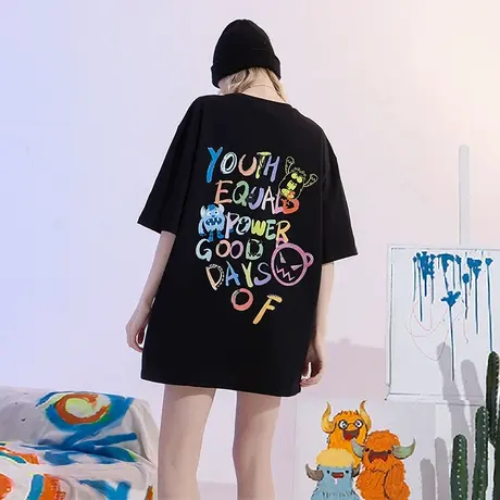 YEP黑色下衣失踪t恤女大版短袖夏季宽松oversize美式复古体恤上衣图片