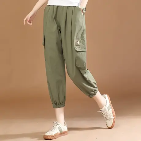 韩潮袭人松紧高腰粉色九分工装裤女2024夏季新款束脚哈伦休闲裤子图片