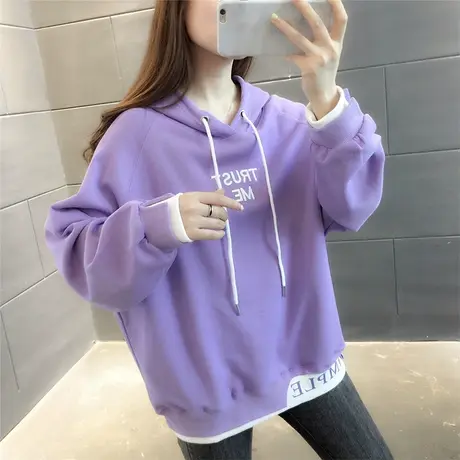 2023年秋季新款假两件卫衣女连帽潮ins宽松韩版刺绣字母上衣外套商品大图