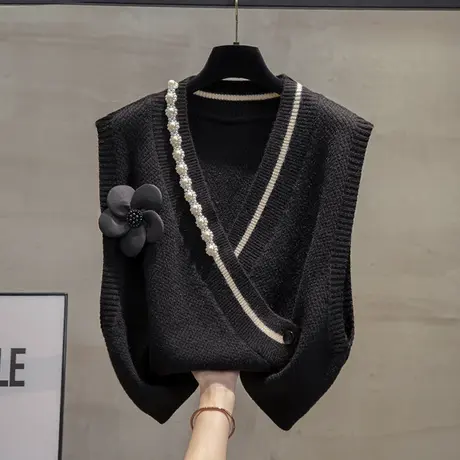 重工交叉v领针织马甲背心女2025春秋新款宽松马夹外穿毛衣坎肩潮商品大图