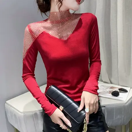 半高领打底衫女秋冬欧货性感镂空气质长袖T恤女内搭烫钻修身上衣商品大图