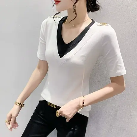 女装2024新款网红V领T恤五分袖设计感假两件上衣气质修身中袖小衫图片
