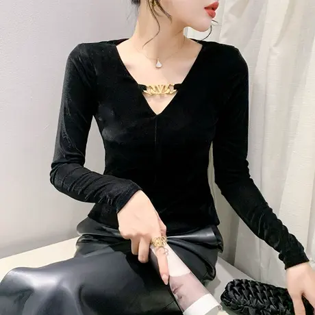 黑色丝绒加厚V领T恤女长袖设计感字母扣拼接上衣洋气修身打底衫冬商品大图