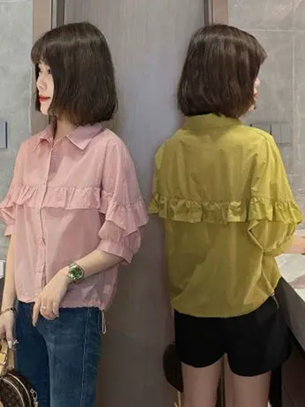 荷叶边落肩袖休闲2023年夏季新款衬衣收口抽绳设计感衬衫ins风潮图片