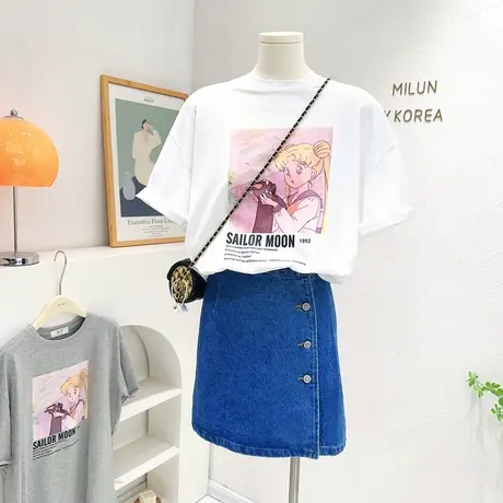 韩国东大门别致短袖上衣2023夏新款ins复古减龄印花宽松T恤设计感图片