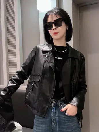 西装领皮衣外套女2023年新款拼接小个子宽松短款机车服pu皮夹克潮商品大图