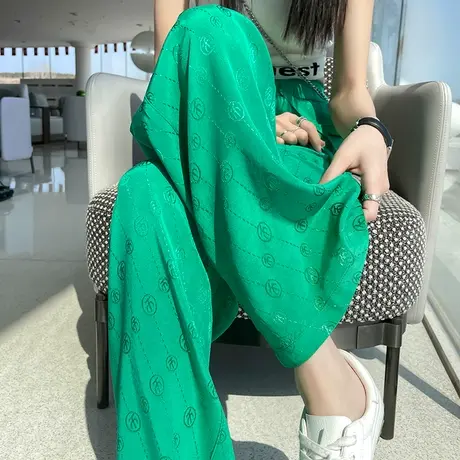 绿色醋酸阔腿裤女2023新款高腰垂薄款冰丝小个子窄版休闲拖地裤子图片