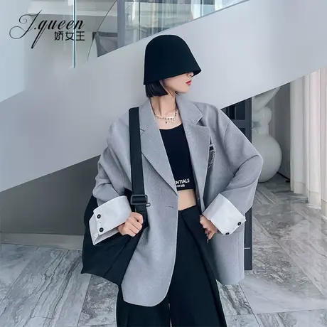 细格纹西装外套女韩版休闲复古小众设计感慵懒气质翻袖宽松西服商品大图