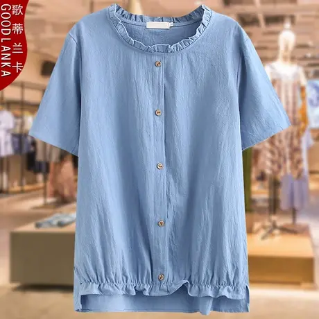 夏季新款大码棉麻上衣女200斤中年胖妈妈夏装时尚洋气小衫短袖T恤商品大图