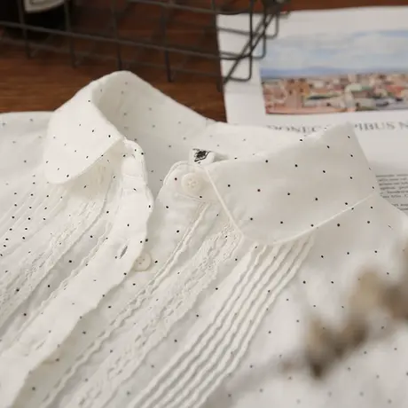 春季文艺小清新学院风波点白衬衫女全棉蕾丝拼接双层纱娃娃领衬衣图片