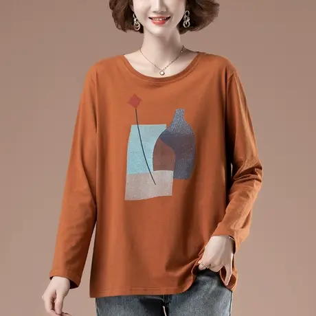 春秋新款加肥加大码长袖t恤女宽松中年妈妈遮肚子纯棉印花打底衫图片