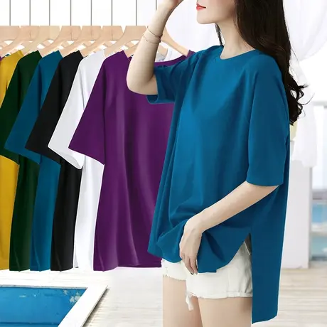 纯色螺纹棉五分袖下摆两侧开叉宽松短袖t恤女夏季遮屁股体恤上衣商品大图