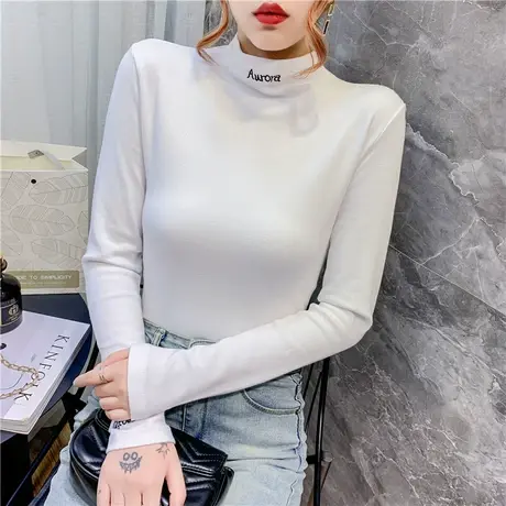 半高领打底衫女秋冬季韩国复古简约洋气长袖t恤修身刺绣内搭上衣图片