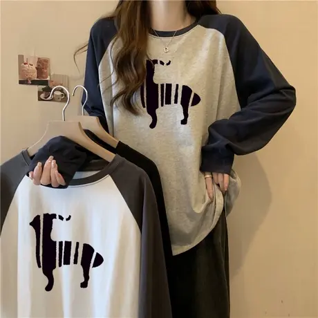 加绒加厚插肩长袖T恤女秋冬装宽松显瘦拼接撞色德绒内搭打底上衣商品大图