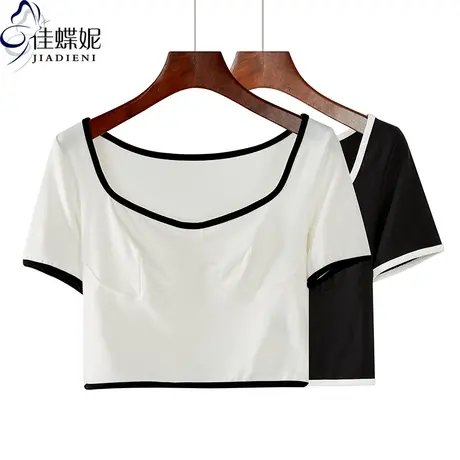 夏季新款韩方领修身显瘦短款纯白纯色拼接短袖体恤上衣内搭打底女图片