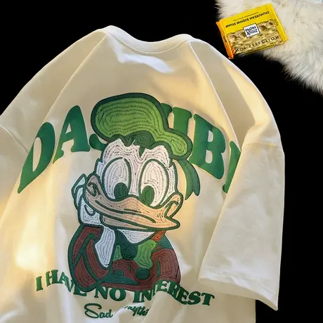 港风chic白色t恤女夏胖mm上衣显瘦大码卡通短袖ins潮梨形身材穿搭图片