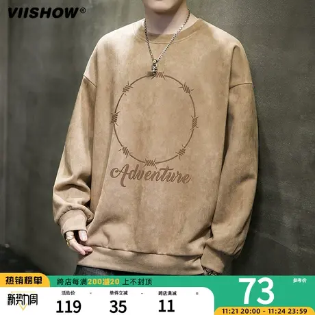 VIISHOW麂皮绒圆领卫衣潮牌男2023春秋冬款新款美式宽松长袖T恤商品大图