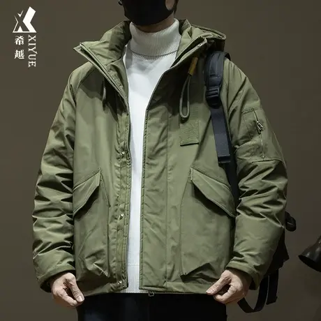 冬季新国标羽绒服男户外多口袋加厚连帽外套宽松大码军绿色冲锋衣商品大图