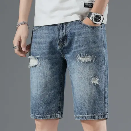 破洞休闲牛仔短裤男士宽松外穿潮牌痞帅夏季薄款五分中裤子大裤衩商品大图
