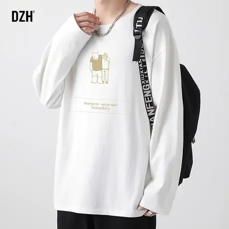 男士白色圆领t恤男长袖春秋宽松上衣日系男装2023新款纯棉打底衫商品大图