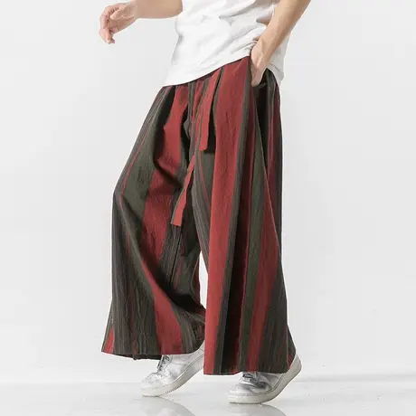 秋冬休闲裤男中国风红色条纹复古宽松加大码粗腿直筒胖子阔腿长裤商品大图