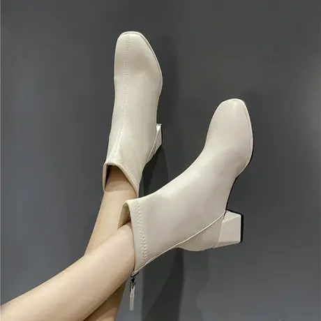 马丁靴女英伦风2022年新款春秋单靴中跟白色靴子粗跟女士瘦瘦短靴图片