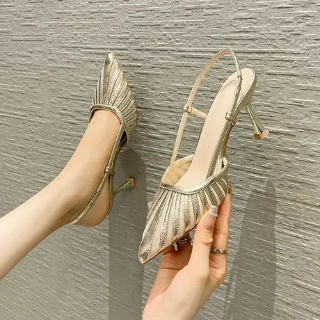 镂空包头高跟鞋女细跟2024夏季新款后空凉鞋仙女风配裙子尖头单鞋图片