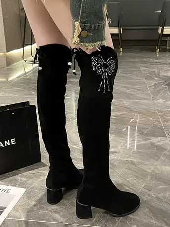 2023年新款秋冬加绒过膝长筒靴显瘦弹力平底高筒靴韩版小个子靴子商品大图