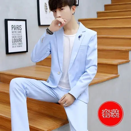 西服套装男士韩版纯色百搭春秋季时尚休闲男装帅气小西装三件套潮图片