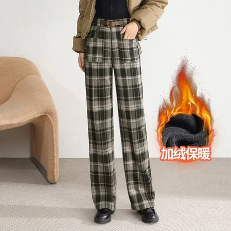 加绒阔腿格子裤女秋冬2023新款显瘦休闲裤垂感高腰时尚长裤直筒裤商品大图