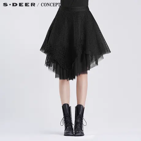 sdeer圣迪奥女装现代科技感网格绣花半身裙S16381355图片