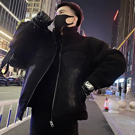 设计感羊羔毛拼接加棉外套男冬季设计感INS个性宽松牛仔棉服外套图片