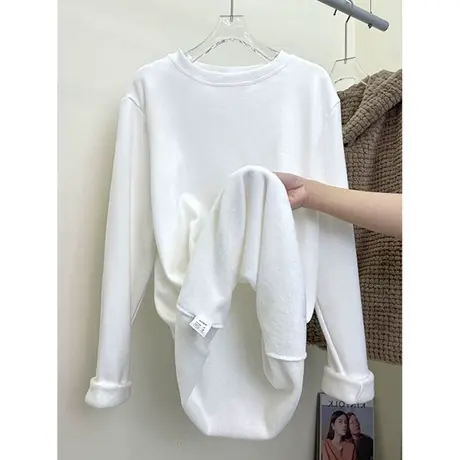 白色内搭打底衫女秋冬季宽松显瘦纯棉长袖T恤韩版加绒加厚上衣服商品大图