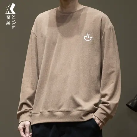 希越笑脸德绒卫衣男秋冬新款阳离子防静电打底衫宽松大码男士T恤商品大图