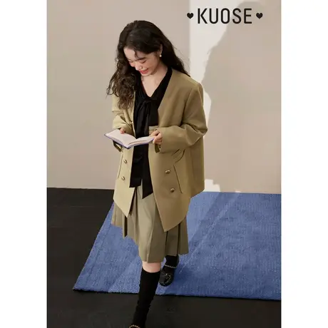 阔色复古卡其色双排扣西装外套女2023春季新款oversize西服商品大图