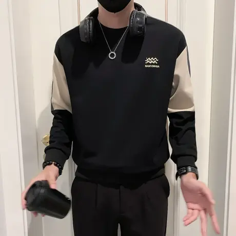 2023春秋新款潮牌撞色拼接卫衣ins痞帅修身打底衫上衣长袖T恤休闲商品大图