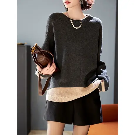宝诗黎圆领宽松拼接慵懒针织衫女2024年春季新款内搭打底长袖毛衣商品大图