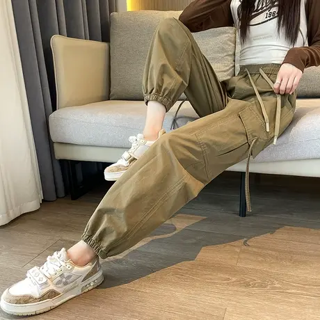 束脚工装裤女2024年春秋新款美式高腰显瘦小个子运动潮牌哈伦裤子商品大图