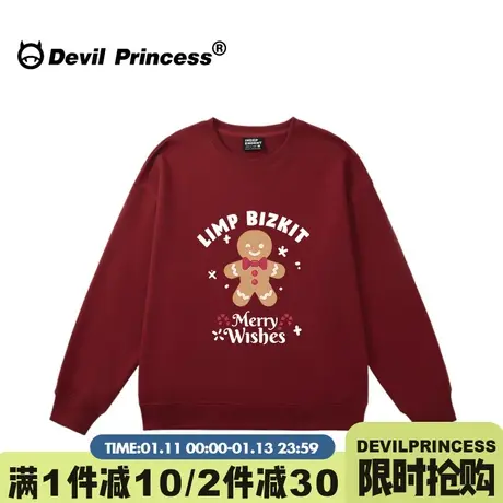 小众复古风超火卡通姜饼人印花酒红色卫衣女大版宽松加绒款上衣潮商品大图