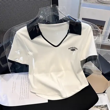 拼接撞色V领POLO衫T恤女夏季纯棉修身打底衫韩版短款短袖上衣体恤商品大图