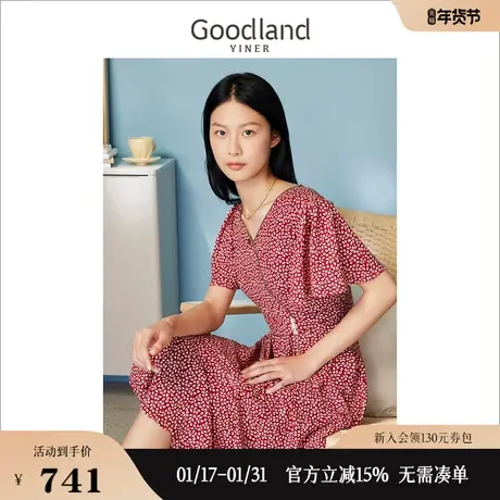 Goodland美地女装2023夏季茶歇裙荷叶边带流苏链条连衣裙图片