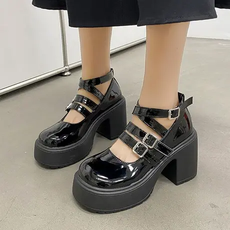 法式粗跟玛丽珍鞋女浅口单鞋2024春秋新款复古英伦风高跟小皮鞋潮商品大图