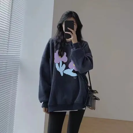 美式复古圆领卫衣女秋冬加绒小众设计感高级感超好看港味chic上衣图片