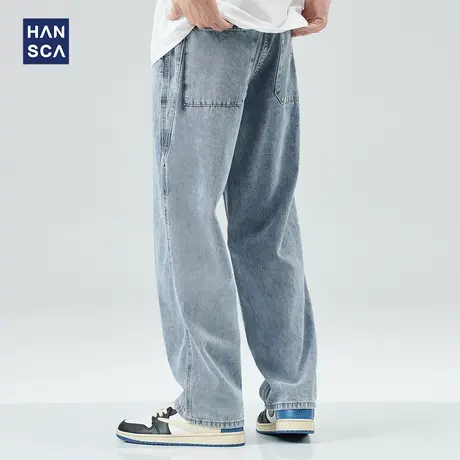 hansca水洗牛仔裤男春季复古潮流直筒宽松青少年休闲大码阔腿长裤商品大图