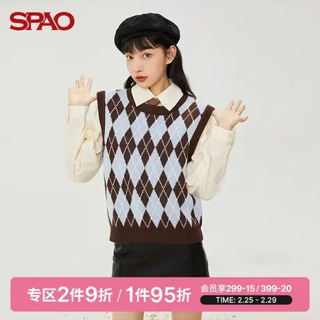 SPAO女士背心春季新款短款菱形格针织毛衣马甲SPKVB49S16商品大图