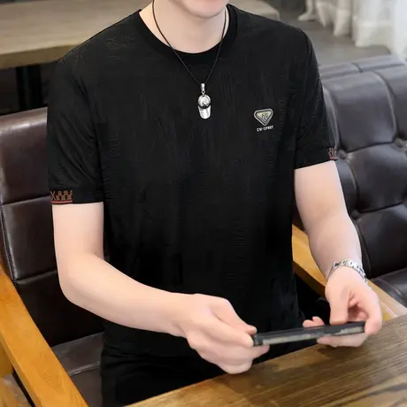 2024夏季新款冰丝短袖T恤男士潮流时尚休闲百搭痞帅半截袖上衣服图片