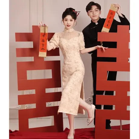 粉色订婚礼服裙2024新款敬酒服新娘高级感回门法式蕾丝连衣裙夏季图片