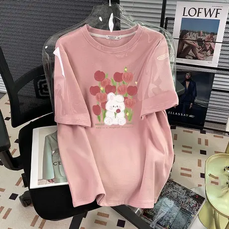 夏季胖mm纯棉短袖t恤女oversize大码宽松显瘦ins潮港味慵懒风上衣商品大图