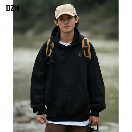 青少年黑色连帽卫衣男春秋潮牌2024年新款纯色打底衫美式复古上衣商品大图